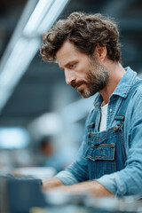 Fototapeta premium portrait of concentrated electronics technician working diligently at his desk with various tools scattered around