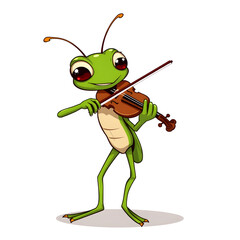 A green frog is playing a violin