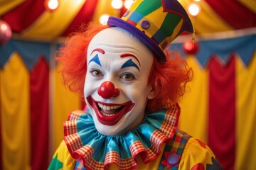 Cheerful clown smiles in a circus setting.