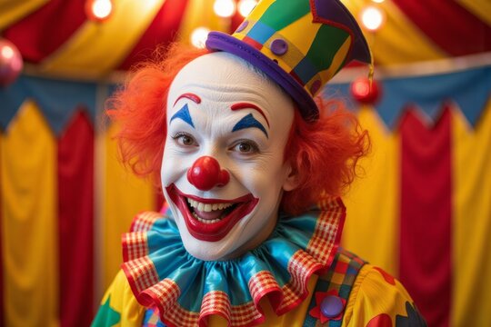 Cheerful clown smiles in a circus setting.
