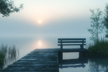 Naklejka premium Wooden bench on foggy lakeside path at dawn