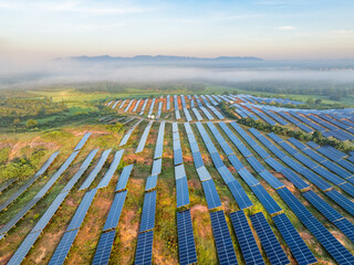Photovoltaic panels on a hillside at sunrise