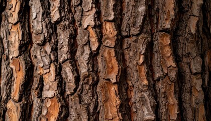 Obraz premium Macro image of tree bark, aged and cracked texture with deep grooves, natural brown tones, earthy ambiance