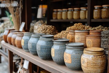 Clay jars filled with grains and seeds on rustic market shelf
