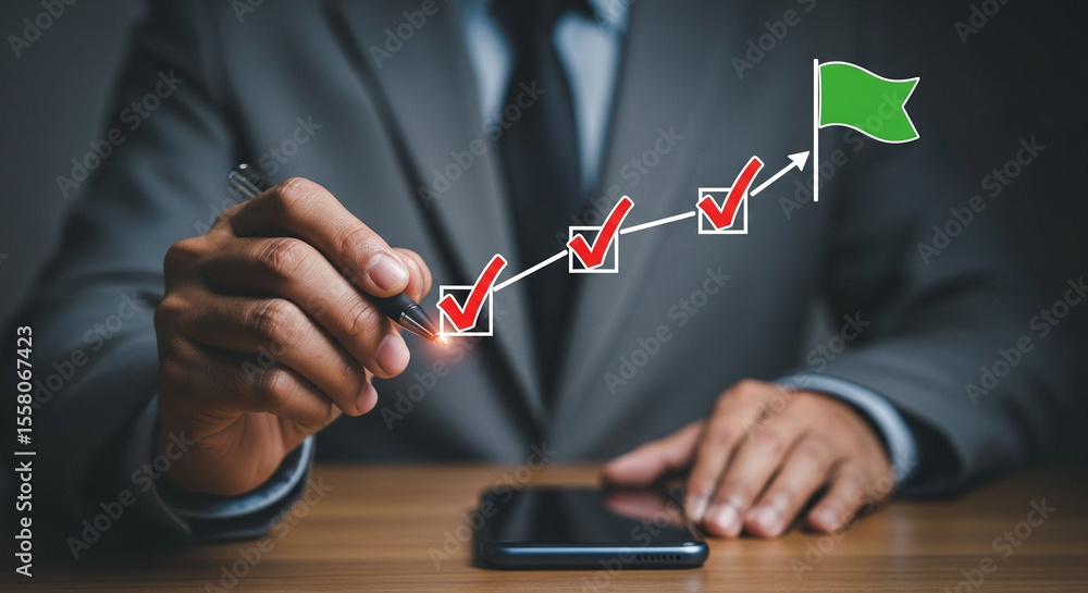 Poster Man in suit marking progress with pen on upward trend chart ending with green flag icon on dark background