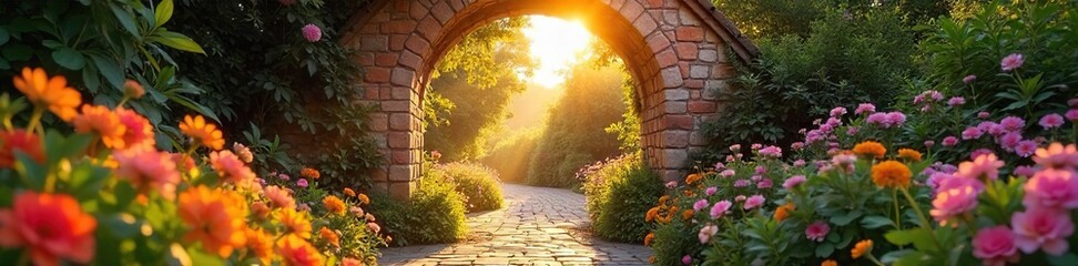 Golden Sunlight Streams Through Rustic Archway into Vibrant Summer Garden, Perfect for Travel and Vacation Themes