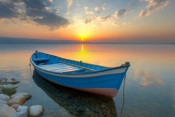 Fototapeta premium Small blue boat anchored on a calm lake during a golden sunset