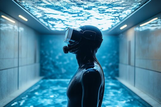 Underwater photo of a swimmer in a tunnel pool with dramatic lighting and clear blue water