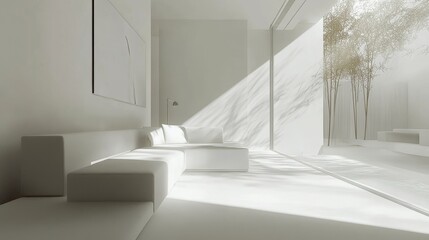 80.A sleek, minimalist living room featuring a crisp white sofa set against a clean, neutral backdrop. The room is designed with high-end minimalism, offering ample space for a creative poster or