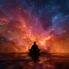 Silhouette meditating in space