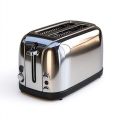 Modern stainless steel toaster with sleek brushed metal finish and minimalistic design isolated on white background