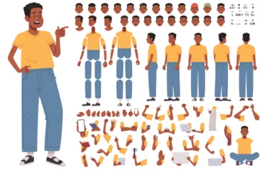 Gordijnen Constructor of character happy black guy. Young man. Student or volunteer. Set of hands legs and body positions for creating animation and your own illustrations. DIY kit. Vector illustration © tynyuk