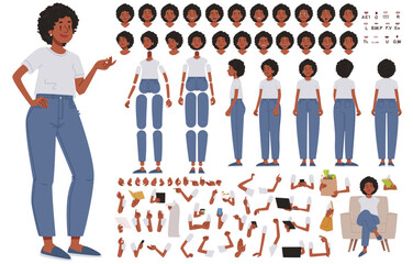 Obraz na płótnie Canvas Constructor of character cute dark skinned girl. Young woman, student or volunteer. Set of hands legs body and head positions for creating animation and own illustrations. DIY kit. Vector illustration