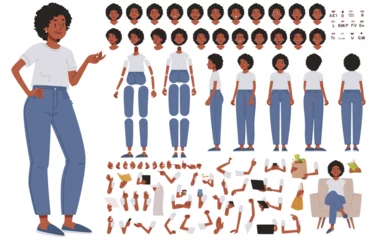 Fotobehang Constructor of character cute dark skinned girl. Young woman, student or volunteer. Set of hands legs body and head positions for creating animation and own illustrations. DIY kit. Vector illustration © tynyuk