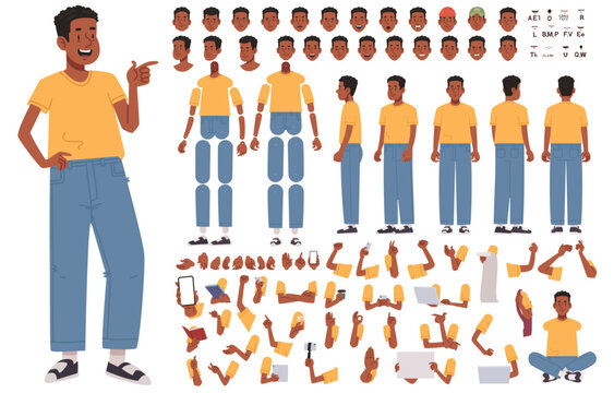 Constructor of character happy black guy. Young man. Student or volunteer. Set of hands legs and body positions for creating animation and your own illustrations. DIY kit. Vector illustration