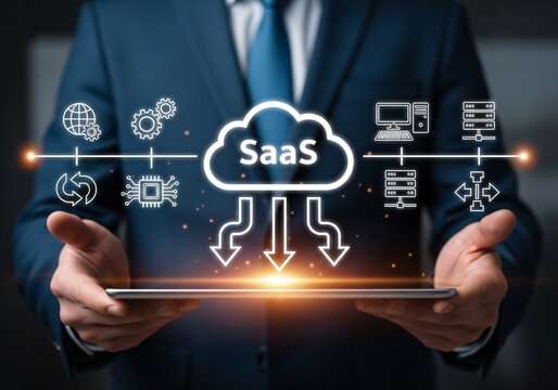 SaaS (software as a service) concept, Businessman show virtual screen of SaaS icons for software services on cloud system. Internet and networking technology. - Powered by Adobe