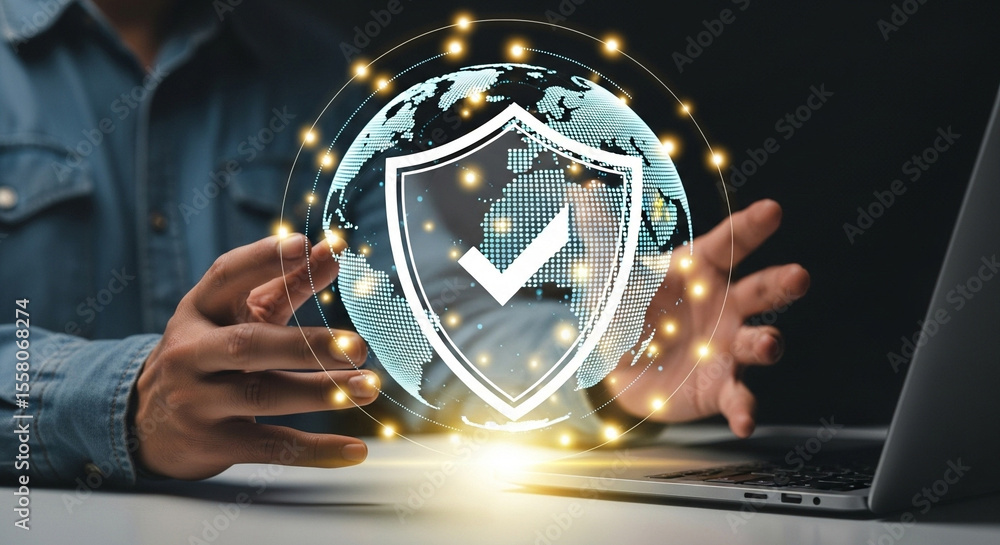 Poster person using laptop with digital globe and shield overlay for internet security concept shown