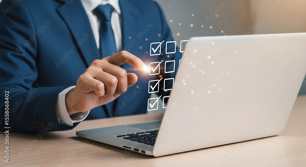 Poster a businessman in a suit interacting with a digital checklist on a laptop screen at a desk space
