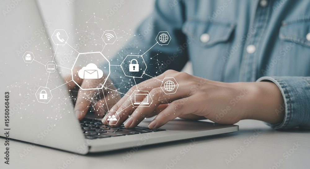 Poster Person typing on a laptop with network security icons overlayed on the screen and hands visible