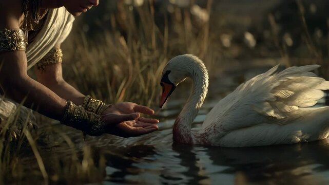 Photorealistic scene of a young prince Siddhartha gently interacting with a swan by a serene water body, evoking tranquility and connection to nature, reminiscent of Buddhist teachings.
