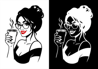  Line art illustration of a beautiful woman with glasses, smiling and holding a cup of hot coffee