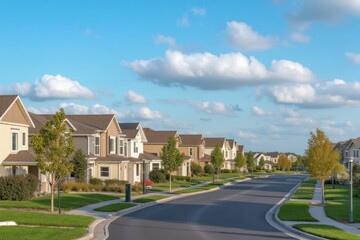 Row of residential homes along a street under a partly cloudy sky.