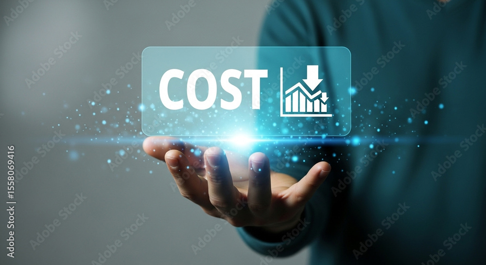 Poster a hand holding a transparent screen with the word cost and a graph with a downward arrow on it