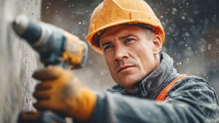 Construction worker operating electric drill at embassy site