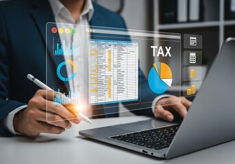Online tax payment concept. Tax calculation, making income tax return and personal financial account. Businessman pay bills online on website form via laptop.
