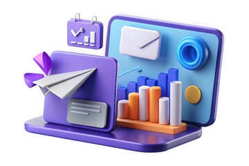 A 3d render of email marketing analytics with a paper plane, isolated on transparent background