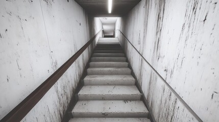 Ascending Concrete Staircase with Wooden Railing and Textured Walls in Monochrome