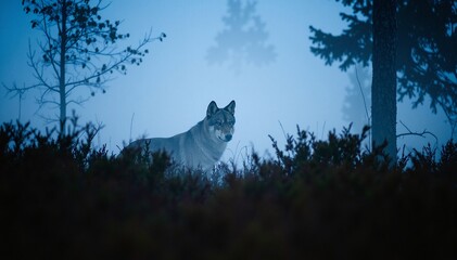 A majestic wolf stands alert amidst lush green bushes, its fur shimmering in the dappled sunlight, showcasing its keen eyes and powerful stance.