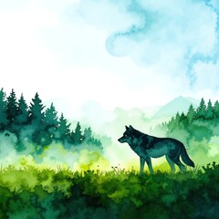 A majestic wolf stands proudly in a lush green meadow, its fur glistening in the sunlight, surrounded by tall grass swaying gently in the breeze.