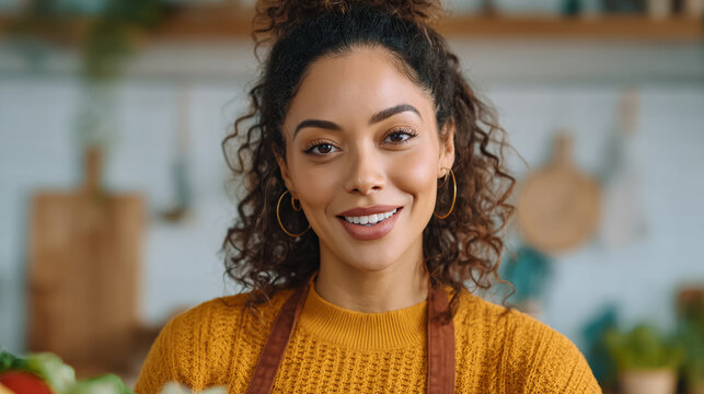Cooking vlogger smiling and sharing recipes in home kitchen environment
