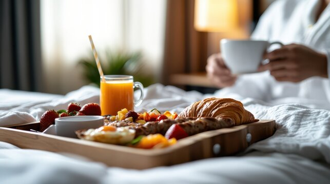 Deluxe breakfast tray with fresh croissant, fruit, orange juice, and coffee served on bed in cozy hotel room with guest in bathrobe. Morning indulgence and luxury hospitality concept.