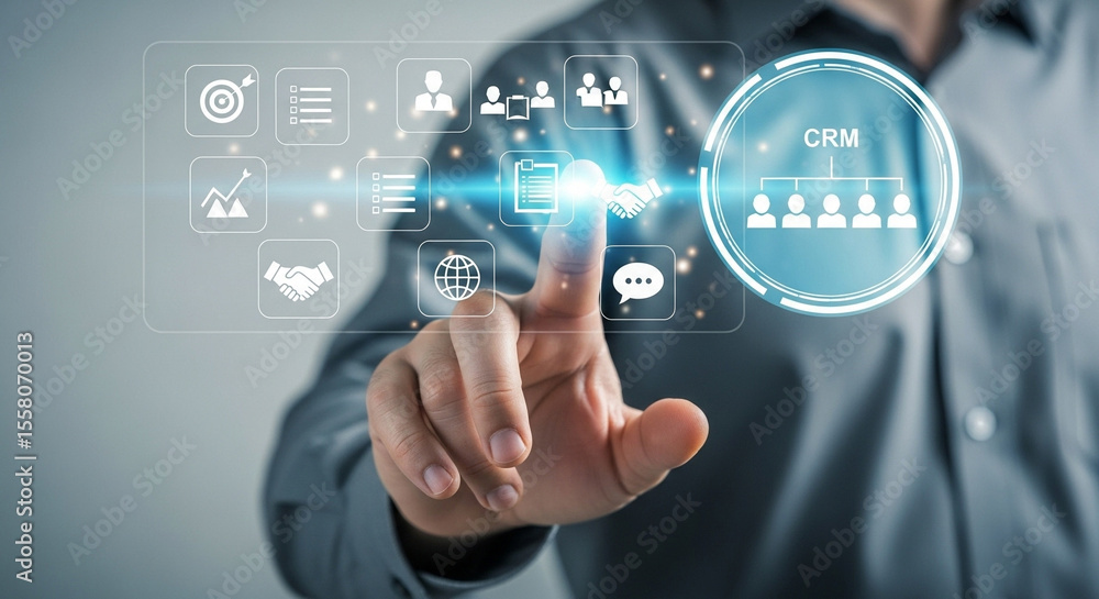 Poster Man interacting with a digital interface displaying crm and various business related icons in blue light
