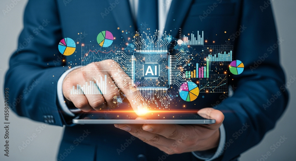 Poster A person in a suit holding a tablet displaying an ai chip and data visualizations overlayed on top