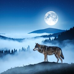 A majestic wolf stands proudly atop a grassy hill, its fur glistening in the sunlight, with a panoramic view of a lush forest stretching below.