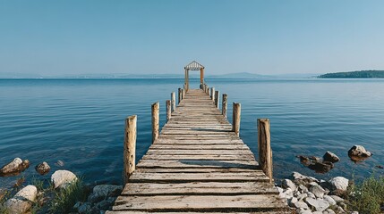 Fototapeta premium Wooden pier extending into a tranquil lake under a clear sky.