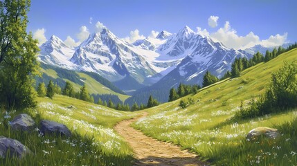Majestic Mountain Vista A Serene Alpine Meadow Path 