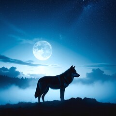 A majestic wolf stands proudly atop a grassy hill, its fur glistening in the sunlight, surrounded by a breathtaking landscape of rolling hills and trees.
