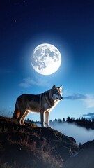 A majestic wolf stands proudly atop a grassy hill, its fur glistening in the sunlight, with a breathtaking landscape of mountains and trees in the background.