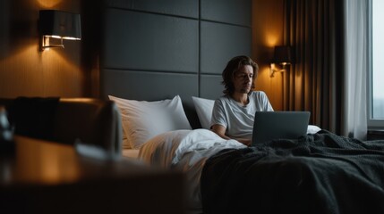 Fototapeta premium Young man using laptop in dimly lit modern hotel room while sitting on bed with dark bedding and ambient wall lights. Remote work, digital nomad, and business travel lifestyle concept.