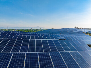 Photovoltaic panels on a hillside at sunrise