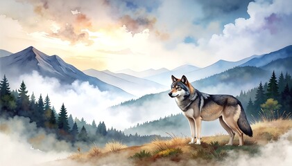 A majestic wolf stands proudly atop a rugged mountain peak, its fur glistening in the sunlight, overlooking a breathtaking valley below.