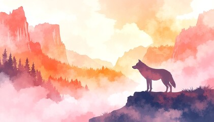 A majestic wolf stands proudly atop a rugged mountain peak, its fur glistening in the sunlight, overlooking a breathtaking valley below.