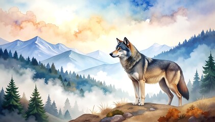 A majestic wolf stands proudly atop a rugged mountain peak, its fur glistening in the sunlight, overlooking a breathtaking valley below.