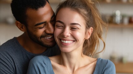 Joyful dancing couple in kitchen home lifestyle warm atmosphere