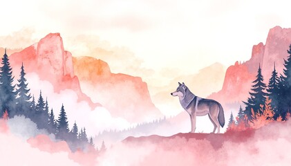 A majestic wolf stands proudly atop a rugged mountain peak, its fur glistening in the sunlight, overlooking a breathtaking valley below.