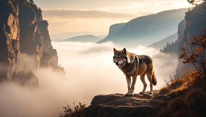 A majestic wolf stands proudly atop a rugged mountain peak, its fur glistening in the sunlight, with a breathtaking landscape of valleys and distant hills below.